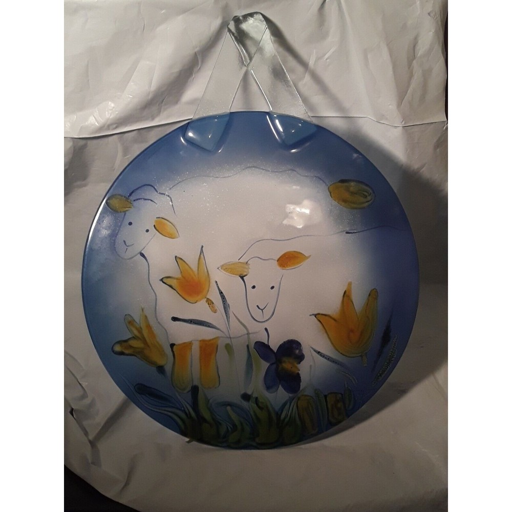 Primitive Fused Glass,Wall Hanging, Sheep and Flowers , signed